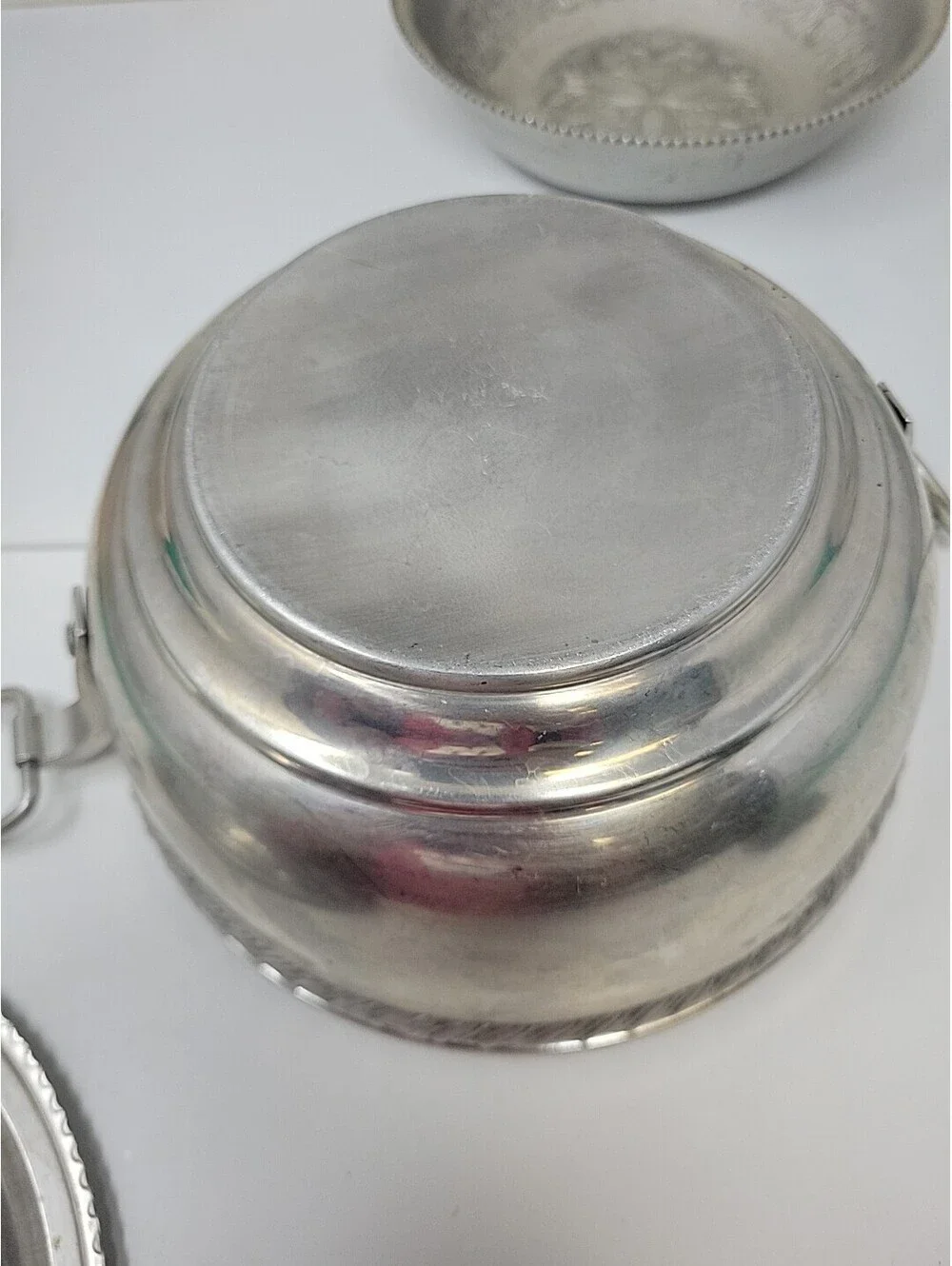 Vintage Aluminum Cookware Lot, Embossed Serving Bowl, Lidded Pot & Angel Food